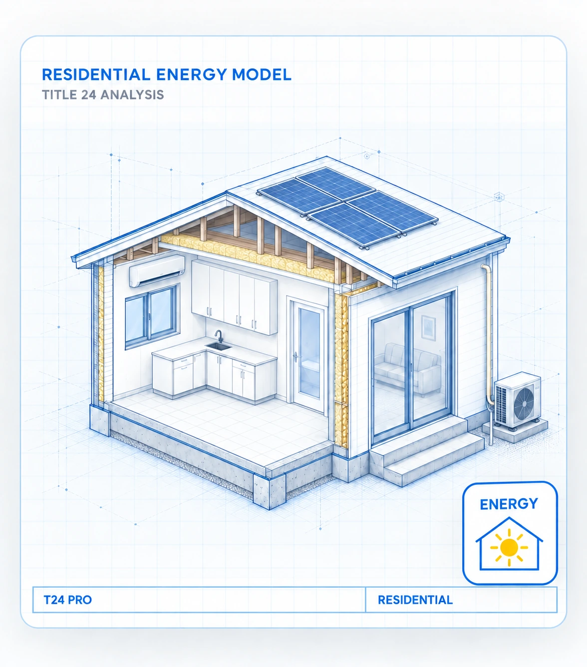 Conceptual residential cutaway showing wall and ceiling insulation, solar panels, and a mini-split heat pump